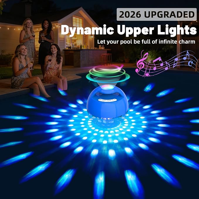 KingSom 2026 Upgraded Floating Pool Speaker with Top Lights,Bluetooth Pool Speaker IP68 Waterproof Hot tub Speakers,Loud Sound Floating Speaker for Pools,BT5.4,24H Playtime Portable Speaker-Dark Blue