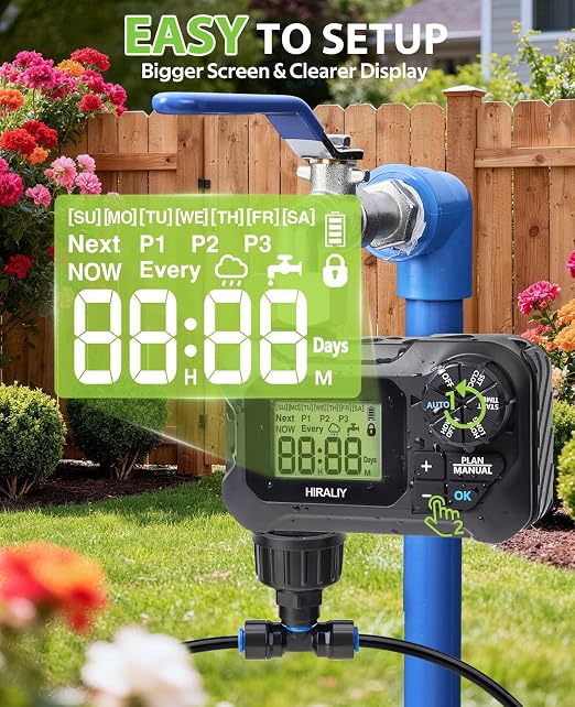 HIRALIY 100FT Drip Irrigation System with Timer, Pressure Compensated Watering Kit with 24 Adjustable Emitters, Quick Connect Garden Irrigation for Raised Beds, Greenhouses and Garden Rows