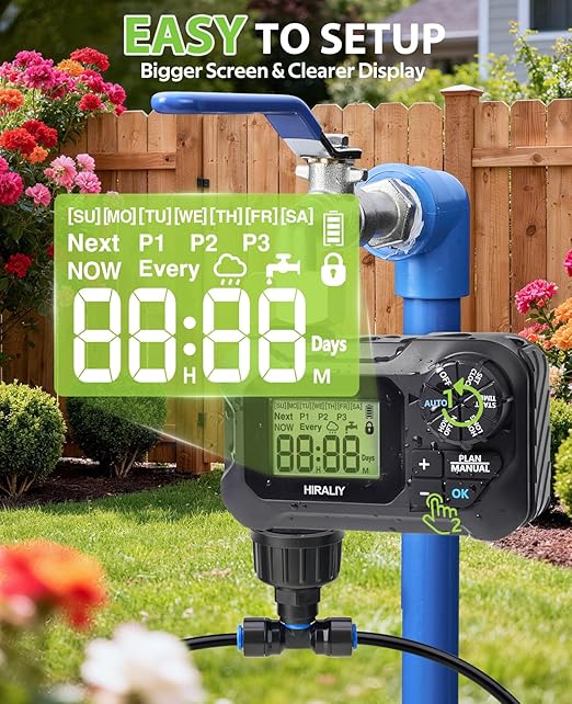 HIRALIY 50FT Drip Irrigation System with Timer, Pressure Compensated Watering Kit with 12 Adjustable Emitters, Quick Connect Garden Irrigation for Patio Pots, Raised Beds and Plants