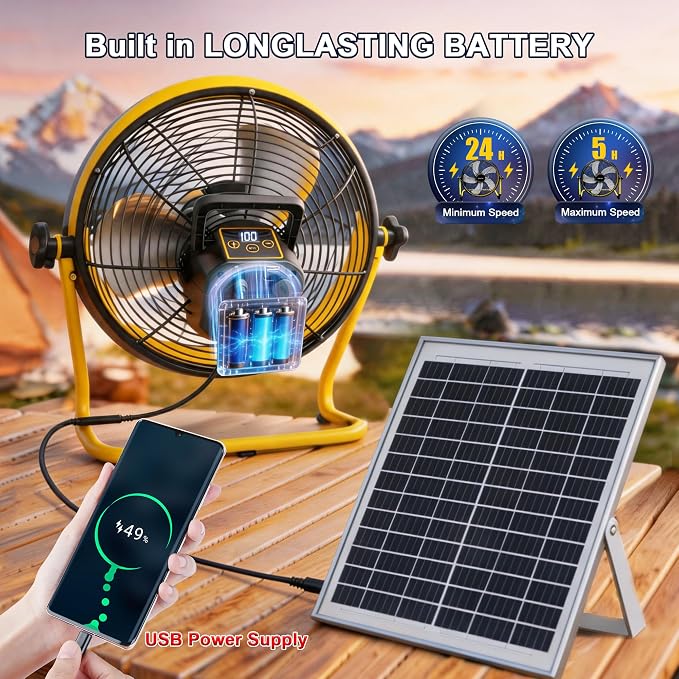14 Inch Solar Powered Fan,360 Vertical Tilt Rechargeable Floor Fan,for Outside,Travel,Chicken Coop,Dog House,Shed,Greenhouse,Camping,Portable,Quiet