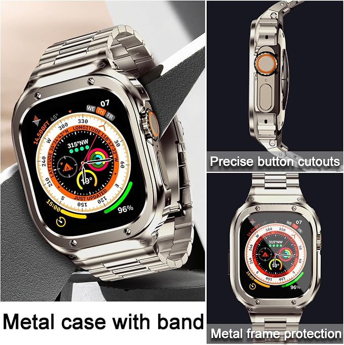 MioHHR Stainless Steel Band and Case Compatible with Apple Watch Band 49mm, Men Metal Protective Bumper Cover for iWatch Series Ultra 3/2/1, Titanium Color