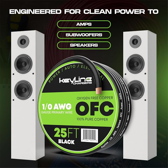 1/0 Gauge Wire (25ft) AWG Amp Battery Cable for Automotive Electrical Wiring - Oxygen Free Copper (OFC) Welding Cable 0GA - Car Amplifier Power & Ground Cable, Stereo Audio Speakers, RV Trailer Wiring