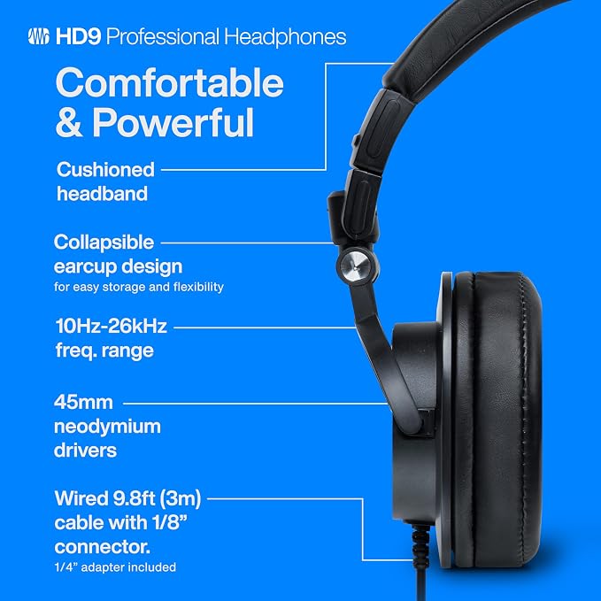 PreSonus HD9 Professional Monitoring Headphones — High-Power Handling, Closed-Back, Circumaural Acoustic Design Studio Recording Headphones for Professional Mixing and Monitoring