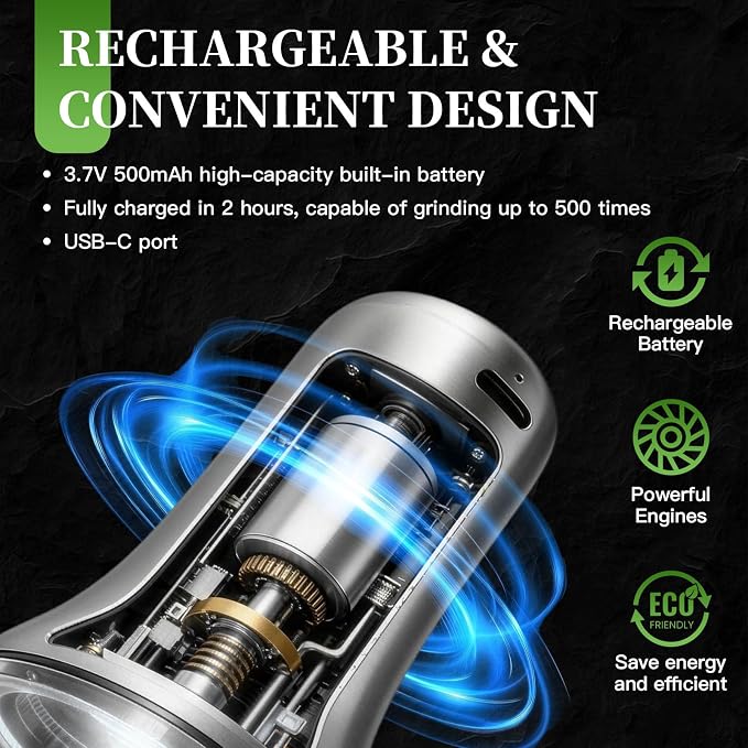 Electric Salt and Pepper Grinder Set of 2 - USB-C Rechargeable Automatic Salt Grinder, Stainless Steel Pepper Mill with LED Light, 5 Adjustable Coarseness, Tray & Brush Included