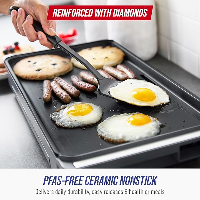 Blue Diamond XL Electric Griddle, 10" x 20" Ceramic Nonstick Surface, Temperature Control, Warming Drawer, Removable Drip Tray, Flat Top Grill/Griddle, Breakfast, Burger, Eggs, Easy Clean, Graphite