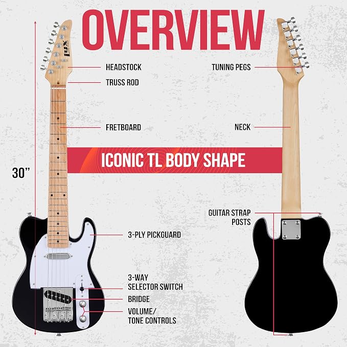 LyxPro 30” Electric Guitar TL Series, Full-Size Paulownia Wood Body, 3-Ply Pickguard, C-Shape Neck, Ashtray Bridge, Quality Gear Tuners, 3-Way Switch & Volume/Tone Controls, 2 Picks Included, Black