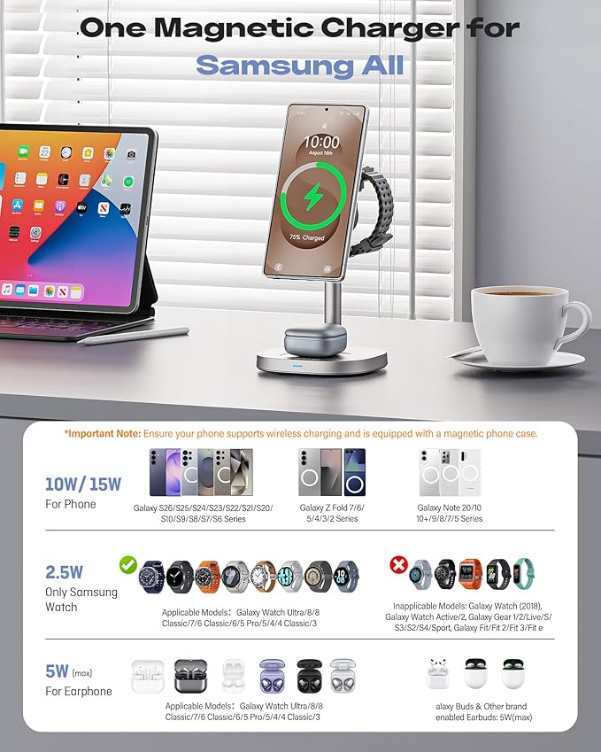 Augnner Magnetic Wireless Charger for Samsung, 15W Certified Fast 3 in 1 Charging Station with TEC Active Cooling Compatible with Samsung Galaxy S26Ultra/S25/Z Fold /Flip7, Samsung Watch/ Buds4Pro