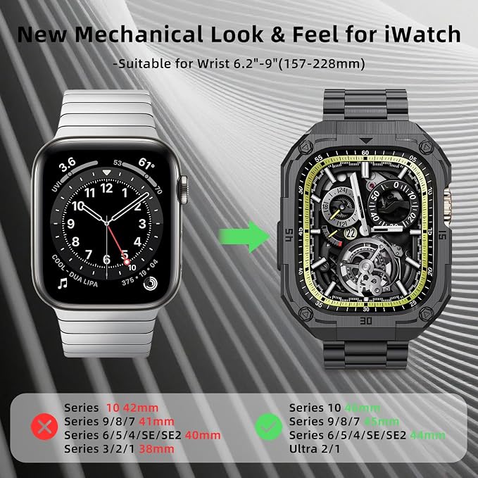 Formal Stainless Steel Case and Band Compatiable for 44mm Apple Watch Band Men -Solid Metal iWatch Bumper Case and Strap iWatch Bands Series 6 5 4 SE 3/2/1,Black