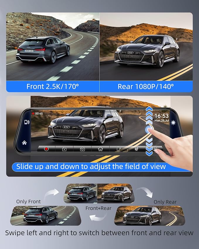 2.5K Mirror Dash Cam with Carplay&Android Auto,10" Rear View Mirror Camera for Cars/Trucks with Voice Control/ 64GB Card/Touch Screen/Parking Monitor/Reverse Assist/Dual Loop Record/WDR Tech