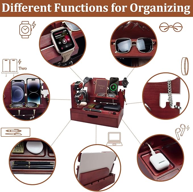 Nightstand Organizer for Men with Large Drawer, Wood Phone Docking Station for Phone, Apple Watch, Wallet & Keys, Ideal Birthday Gift for Father Husband, Bedside Desk Organizer (Mahogany)