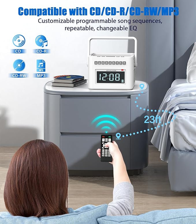 Greadio CD Player Alarm Clock Boombox with Bluetooth, 5000mAh Boombox Clock Radio with CD Player, White Noise, FM/AUX/USB/TF/Dimmer/Remote Control, Large LCD, Portable CD Radio Player for Home (White)