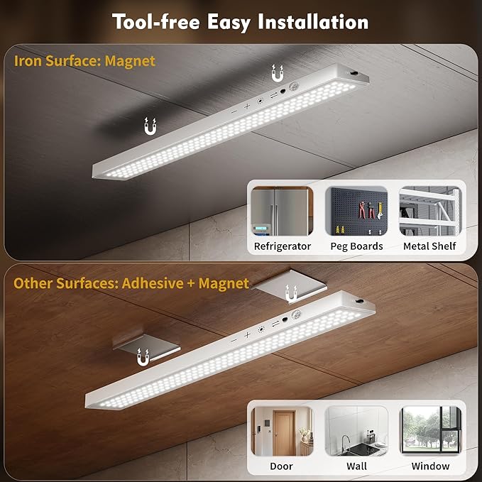 12inch 3Pack Touch Control Under Cabinet Lighting, 160LED Super Bright, 4000mAh Long-Lasting, Magnetic Rechargeable Motion Sensor Under Counter Lights for Kitchen, Closet, Remote, Dimmable, 3CC丨White