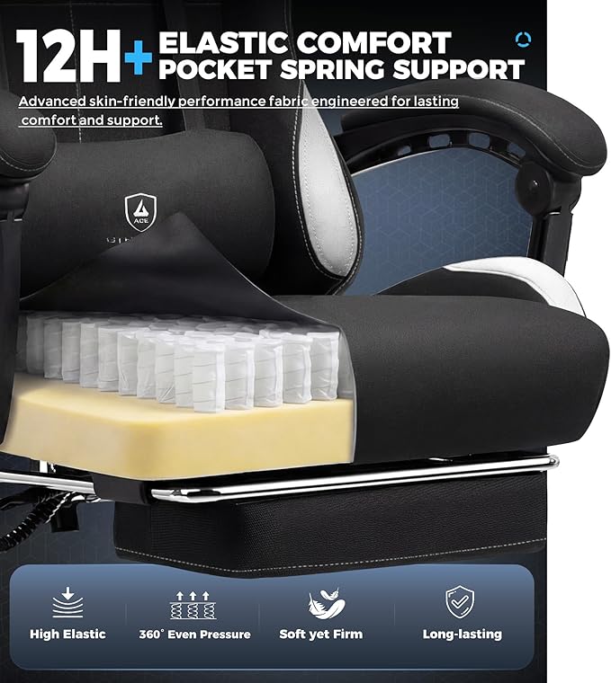GTPLAYER Gaming Chair Fabric with Pocket Spring Cushion,Computer Office Chair with Lumbar Support for Adults Linkage Armrests and Footrest Ergonomic Gamings Chairs Height Adjustable Black