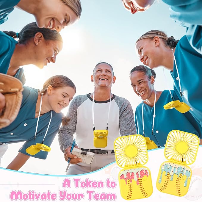 Retisee 12 Pcs Ice Cream Drip Softball Mini Portable Handheld Fans 3 Speed USB Rechargeable Necklace Fans Bulk 180° Foldable Electric Personal for Sport Party Favors Team Game Gift(Yellow)