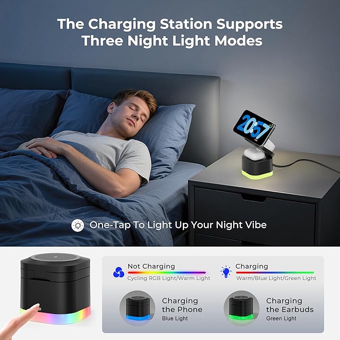 5 in 1 Magnetic Wireless Charger Stand with Night Light, Foldable Wireless Charging Station Built-in Retractable Cable, Fast Wireless Charger for iPhone 17/16/15/14/13/12, Apple Watch, AirPods Pro 3