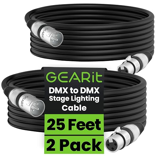 GEARit DMX Cable 25ft 3 Pin 2 Pack, DMX Cable 3 Pin, XLR Male to Female DMX Lighting Cable for DJ Lights, LED Moving Head Lights, Par Lights, Stage Lights, Lighting Controller