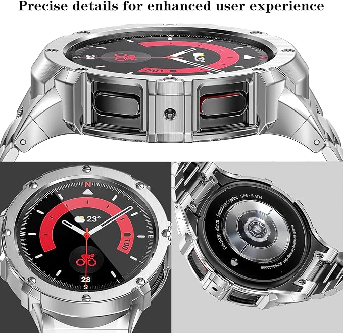 SUPLINK Stainless Steel Case and Bands Compatible with Samsung Galaxy Watch 5 Band/ 4 Bands 44mm, Metal Adjustable Strap Protective Bumper for Samsung Watch 4 5 Band Men, Silver