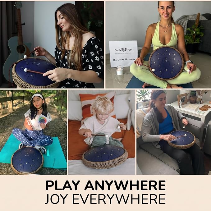 Balmy Drum Steel Tongue Drum 14 inch 15 Notes 440Hz, Handpan Drum with Music Book, Mallets, Carry Bag, Finger Picks, Rain Drum for Outdoor, Meditation Yoga Calming Instruments for Adults Kids (Blue)
