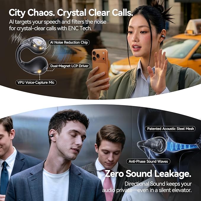 Linklike Next-Gen Most Comfortable Open Ear Clip-on Earbuds [Patented 0-Pressure] [Longest 70H Playtime] [Master-Tuned Hi-Res LDAC] AI Clear Calls, IP55 Lightest 4.7g Fit for All Ears, Ideal Gift-Gray