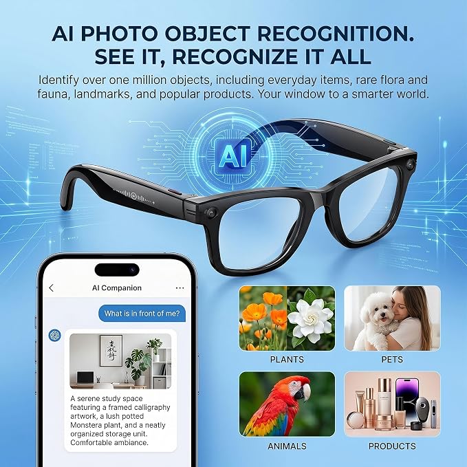 AI Smart Camera Glasses, 1080P HD POV Video Recording and Translator, Object Recognition, Bluetooth Audio for Music Calls, 290mAh Battery, Photochromic Lenses for Vlog, Travel and Work