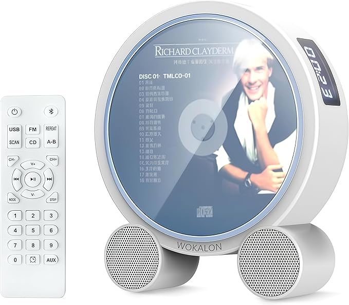WOKALON Desktop Vertical CD Player Portable with Bluetooth for Home with LCD Screen Display Built in HiFi Speakers Support Timed Music ON/Off FM USB SD