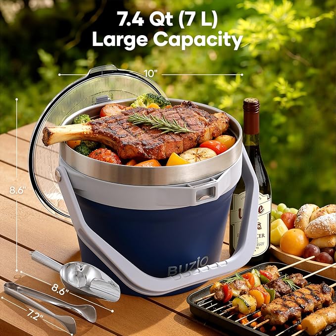 BUZIO 7 L Ice Bucket for Parties with Lid and Scoop & Tongs, Vacuum Insulated Stainless Steel Ice Buckets with Handle and Adjustable Shoulder Strap, Large Beverage Bucket for Cocktail Bar, Blue