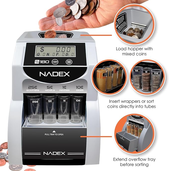Nadex S180 Digital Coin Sorter and Counter – Displays Total and Denomination Values, Black