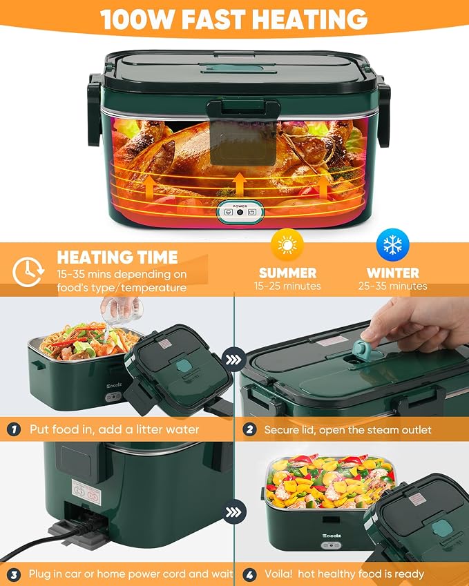 Eocolz Electric Lunch Box Food Heater 100W, Food Warmer with Dual Container 1.8L Portable Heated Lunch Box for Car Truck Work Stainless Steel Fork & Spoon 12/24/110V for Adults Lonchera Eléctrica