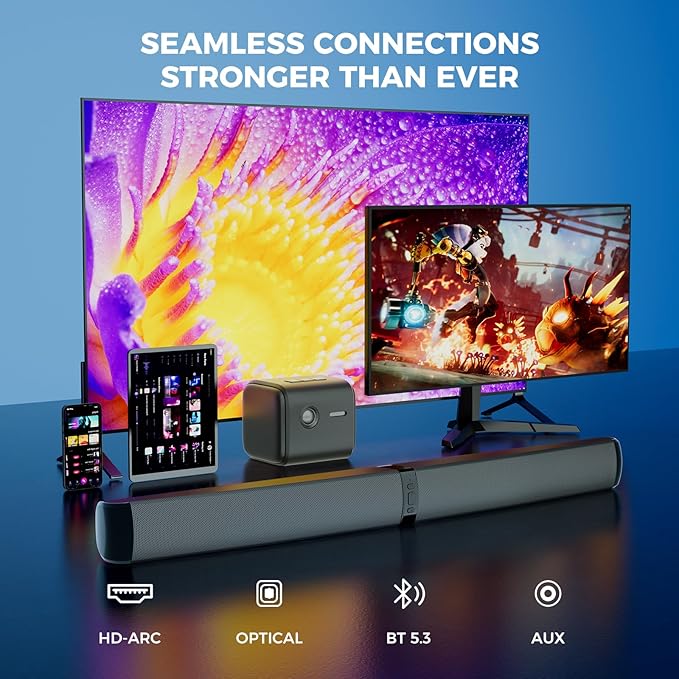 MZEIBO Sound Bar, 90W Soundbar for Smart TV, Bluetooth/ARC/Optical/AUX Connect, Detachable Design with Deep Bass for TV/PC/Gaming/Projector - 2-in-1 Home Theater Audio