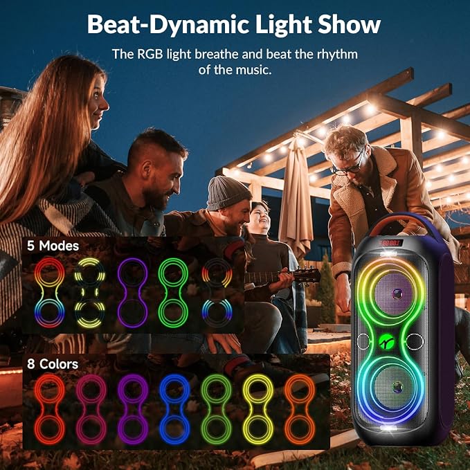 Speakers Bluetooth Wireless- 120dB Loud Sound, Dynamic 8 LED Lights, 5 RGB Modes, Bluetooth 5.3, TWS/USB/TF/AUX/FM/Mic Input, Built-in Handle, Portable Party Speaker for Home, Outdoor, Camping (RGB)