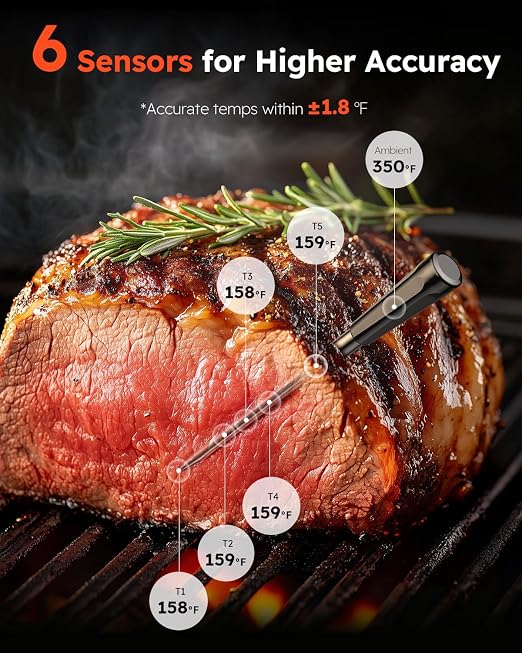 Smart Bluetooth Wireless Meat Thermometer Digital, Standalone Base, 6 Sensors Accuracy, Instant Read Food Thermometer for Kitchen, BBQ, Grill, Oven, Smoker, Grey