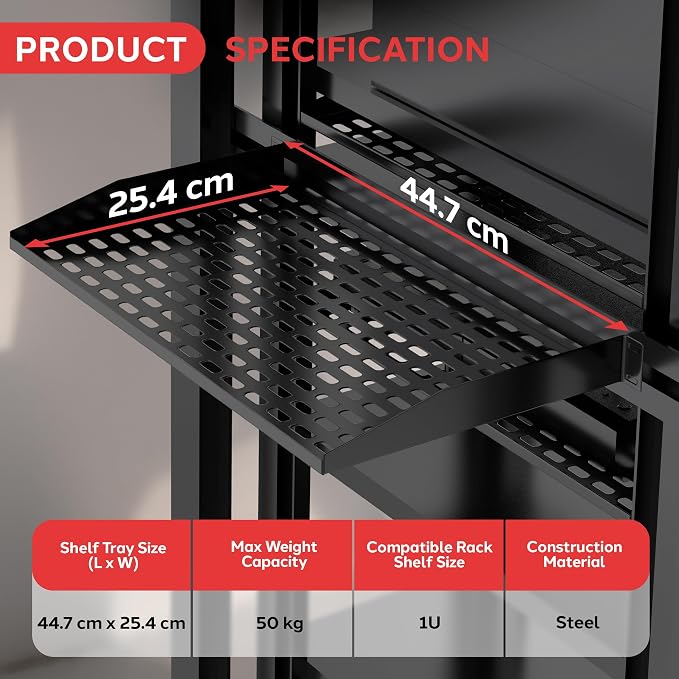Pyle 19-Inch 1U Server Rack Shelf - 8 pcs. Vented Metal Shelves for Optimal Airflow, Wall or Rack MountableSupports up to 110 lbs, 17 x 10’ Shelf Tray for Cabinets, Computers & Network Equipment