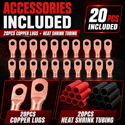 TOPSTRONGGEAR 4 Gauge Wire for Automotive Power Ground, Car Audio, Car Amplifier, RV, Amp, CCA Automotive Wire, Battery Cable, Wiring Kit (25FT Each Black/Red with 20PCS Lugs, 20 Heat Shrink Wrap)