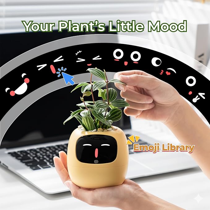 PLANTSIO Ivy AI Smart Planter Intelligent Flower Pot for Home Decoration Plants Companion Neat Desk Setup Gift Pet Planter Robot Guidance on Plant Care with Emojis (Orange)