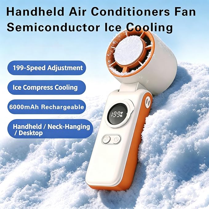 Handheld High Speed Turbo Ice Fan,with Semiconductor Ice Cooling,199 Speed/26550RPM,6000mAh USB Rechargeable,3-in-1 Mini AC Fan(Hand/Neck/Desk),Portable Personal Fans for Outdoor Travel Beach(Orange）