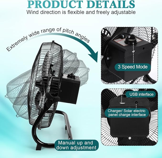 Tujoe 15000Mah 12 Inch Solar Panel Powered Fan, 2 in 1 Solar Panel or AC Charger Powered Fan 12W 9V Portable for Chicken Coop Greenhouse Household Exhaust Camping Travel Outdoor(Black)