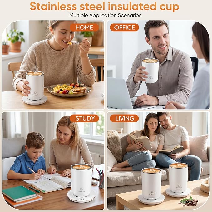 Self Stirring Coffee Mug, Self Heating Coffee Mug, Heated Cup with 3-Level Smart Temperature Control, Auto Shut-Off Electric Coffee Cup Warmer with Detachable Base, Gift for Family Friends (White)