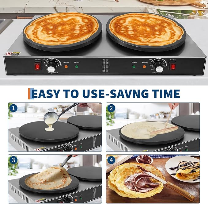 16 Inch Double Plates Commercial Crepe Maker, Non-Stick Electric Crepe Machine with Precise Temp Control and Indicator Lights for Home and Restaurant,3500 w,110 v