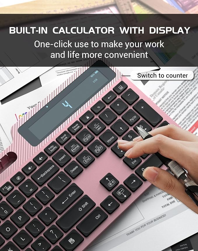 Wireless Keyboard Mouse Combo, Full Size Quiet Ergonomic Keyboard with Calculator, Backlit, Wrist Rest, Phone Holder, 2.4Ghz Silent Rechargeable Keyboard & Mouse for Laptop, PC, Windows (Pink Black)