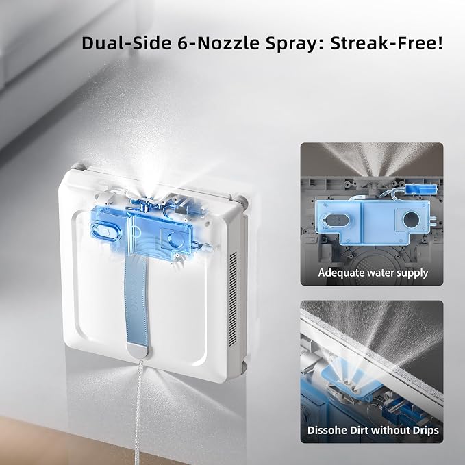 Window Cleaning Robot - Patented DualFore Tech, Turbo Roller Brush + Microfiber Pad Combo Cleaning, 6 Wide-Angle Spray Nozzles, AI Nav, Multi-Layer Safety, App/Remote Control