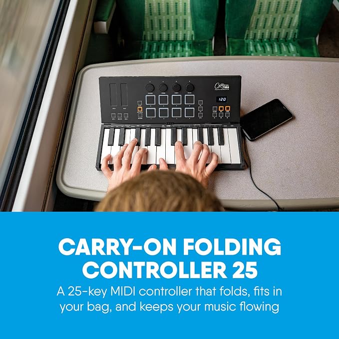 Carry-on Folding MIDI Controller 25 - MIDI over Bluetooth &USB Ultra-Portable Keyboard Controller - Built-In Battery for Professional Music Production - Compatible with Mac, PC, iOS
