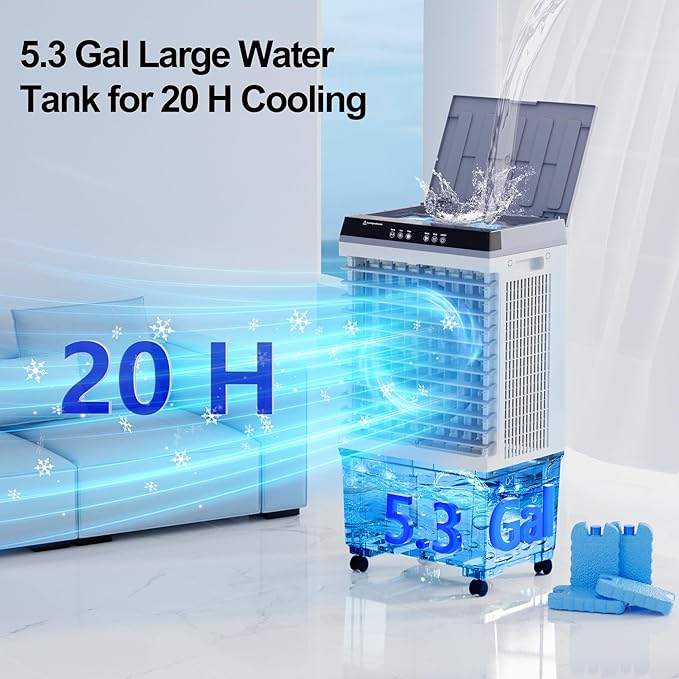 Uthfy 1800 CFM Swamp Cooler Air Conditioner, 3-IN-1 Portable Evaporative Air Cooler with 5.3 Gal Water Tank, 6 Ice Packs, Remote, 12H Timer, 120° Oscillation, Cooling Fan for Room Bedroom Home Office