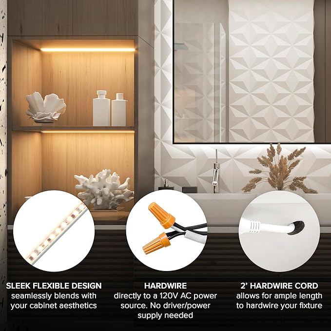 Maxxima 18 in. Hardwired LED Under Cabinet Strip Light, 690 Lumens, 3000K Warm White, Kitchen and Living Room 120V White Cove Lighting, No Power Supply Needed