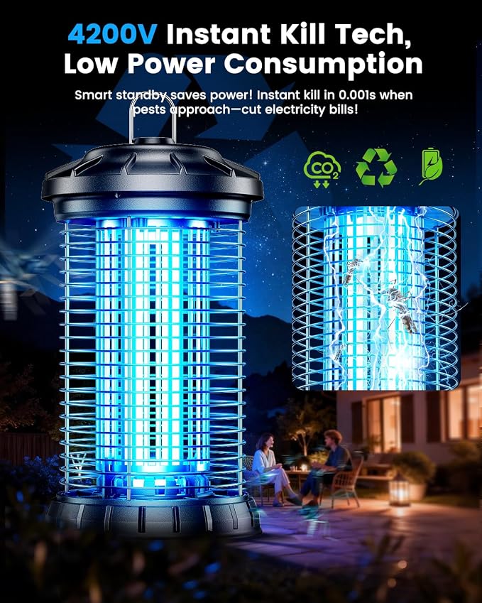 Outdoor Bug Zapper, IPX5 Mosquito Zapper with Dual Lure 365nm Light & 36℃ Body Heat CO2 Mimic, 4200V Smart High Voltage Insect Trap for Patio Backyard Garden