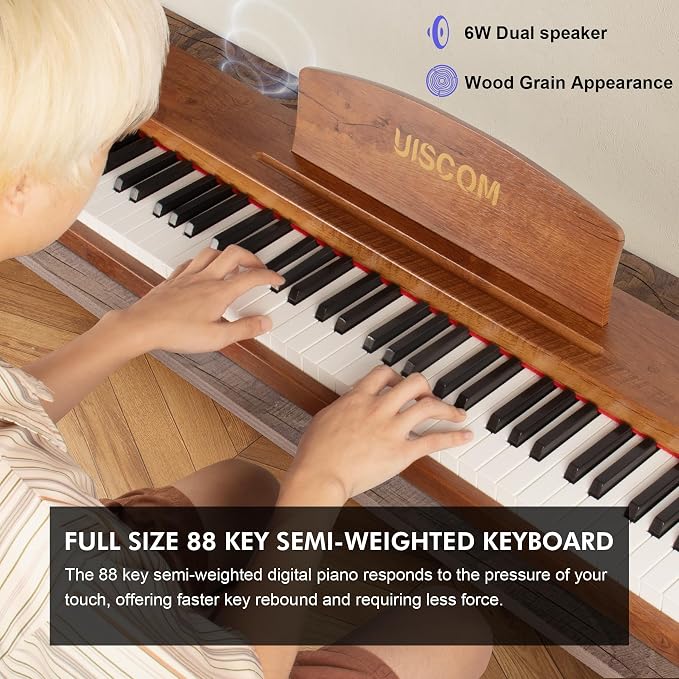 UISCOM 88 Key Digital Piano Keyboard for Beginners,Full Size Electric Piano Semi-Weighted Keyboard with Sheet Music Stand,Pedal,Headphone,Power Adapter,USB-MIDI Compatibility,Wood Grain Brown