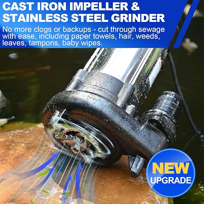 1 HP Sewage Grinder Pump, 115V Grinder sump pump, Stainless Steel, Automatic Float Switch, Cast Iron Impeller, 2'' Npt Discharge, Sewage Pumps for Basement, Sump Basin, Sewage Well