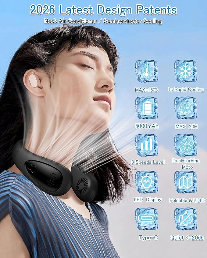 Neck Air Conditioner, Portable Neck Fan with Cooling Plate 360°Cooling Airflow, 5000mah Rechargeable USB Fan Hands Free Bladeless Wearable Foldable Mini Fan for Men Women Home Office Outdoor