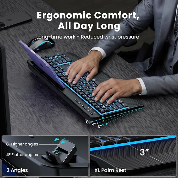 SABLUTE Wireless Keyboard and Mouse Combo, Rechargeable 4000mAh Light up Quiet Keyboard with Wrist Rest & Phone Holder, Ergonomic Silent Typing for PC/Mac/Laptop/Windows/Chrome OS