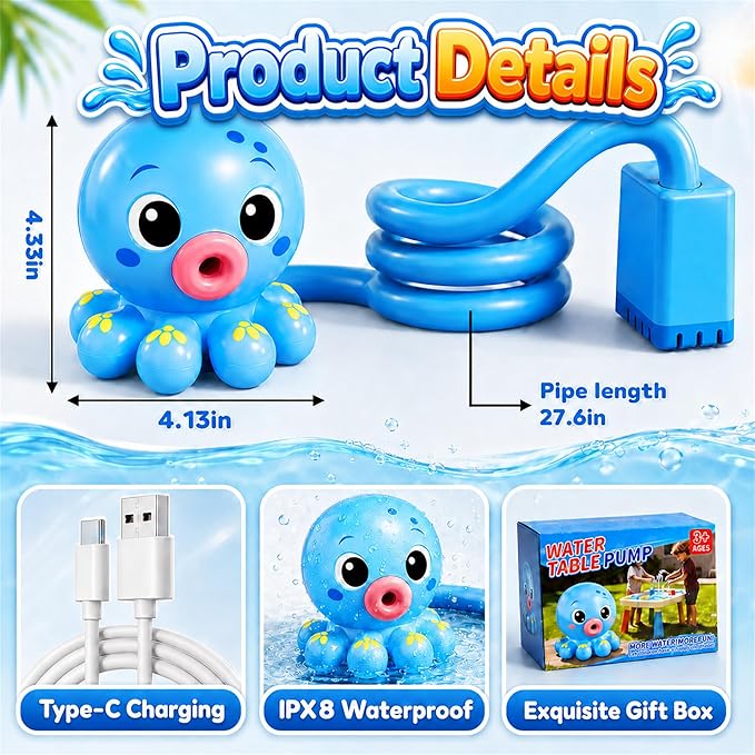 Upgraded Octopus Water Table Pump with Huge Water Output, 3H Non-Stop Fun for Step 2, Rechargeable Water Pump for Water Table, Water Table Accessories for Kids, Toddlers Summer Water Toys (Pump Only）