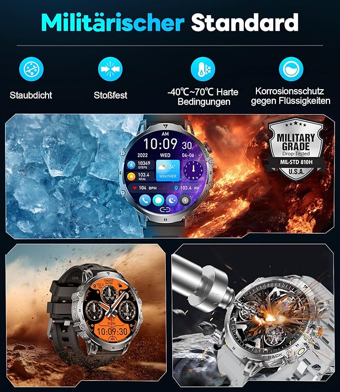 LIGE Military Smart Watches for Men(3 Bands),1000mAh/1.85" HD Large Screen Smartwatch, Flashlight/110+ Sports Modes/IP68 Waterproof/Sleep Monitor, Fitness Tracker Watch for Android iOS,Jet Black